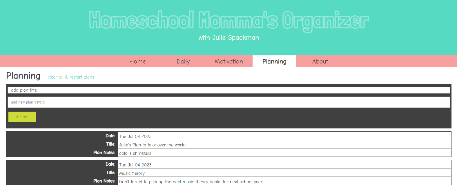 Julie's Digital Tools Daily Planning site screenshot